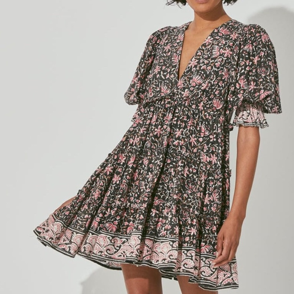 Cleobella LAUREN navy floral cotton puff sleeve v-neck mini dress NWOT $425 sz S